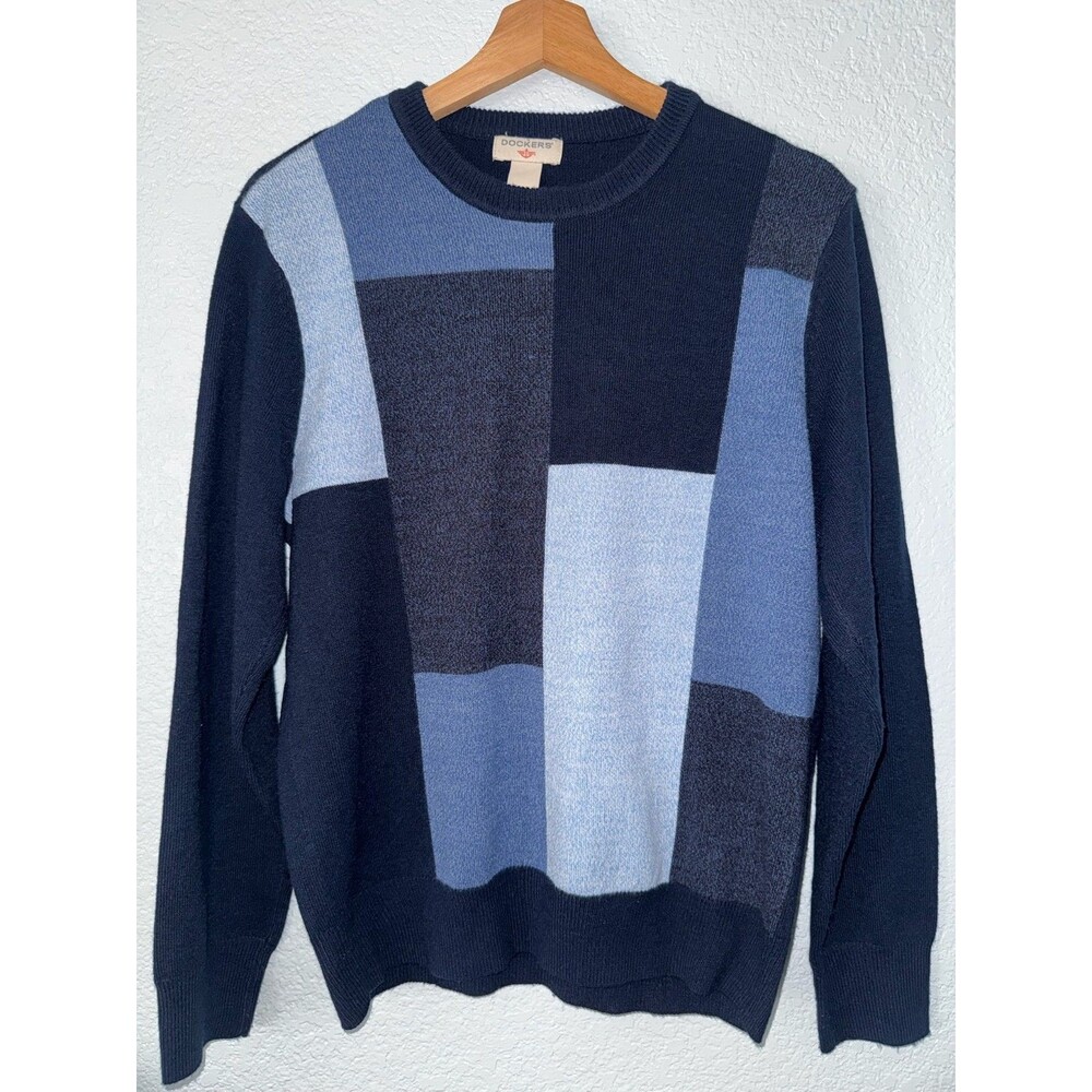 Dockers S Blue Colorblock Geometric Crewneck Sweater Knit Pullover Retro Style